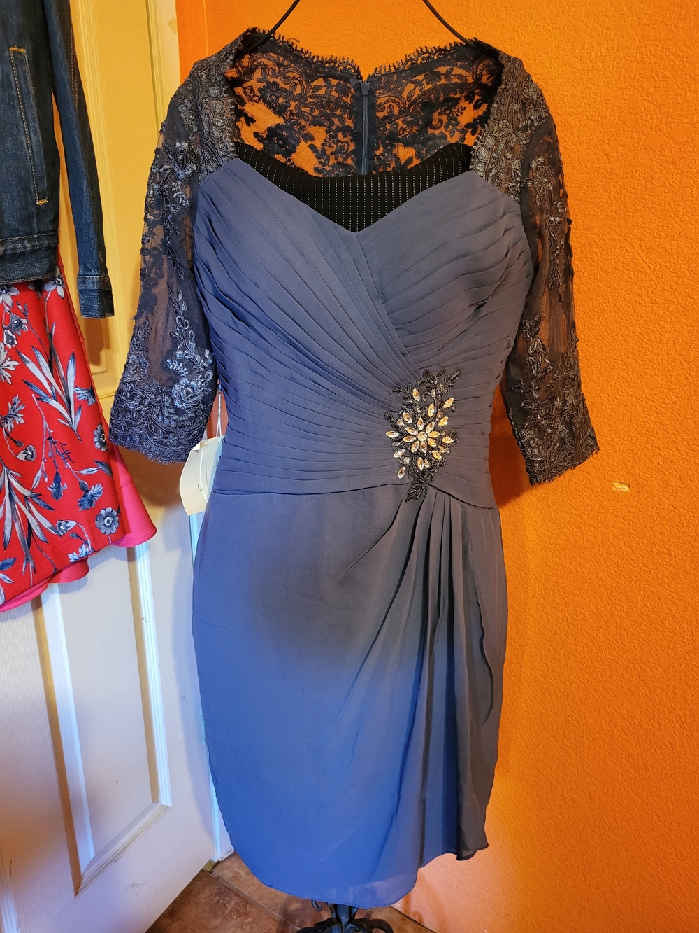 Lace-Sleeve Slate Blue Midi Dress with Embellished Waist